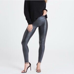 Spanx Faux Leather Black Metallic Leggings Size XL Tall